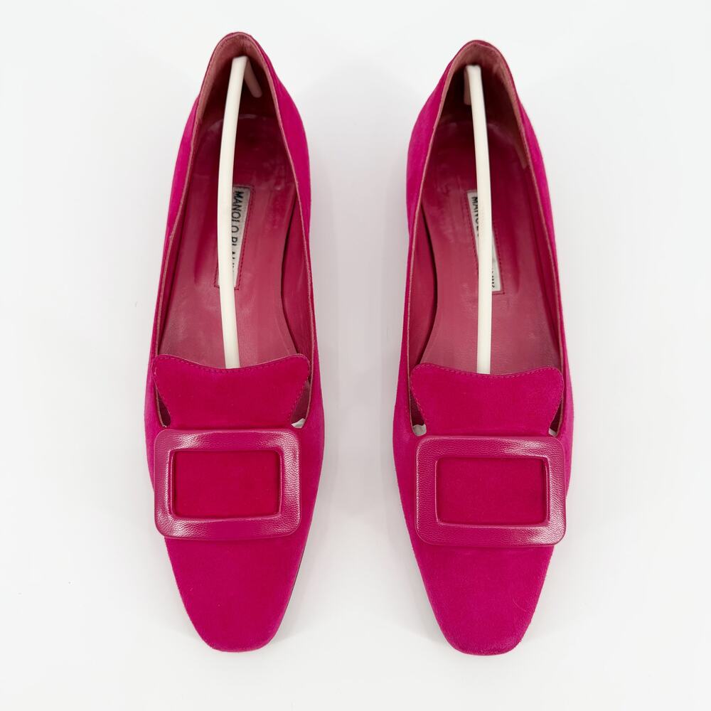 Manolo Blahnik Pozzuoli Loafer Flats Pink Suede Maysale Buckle Fuchsia 37 6.5